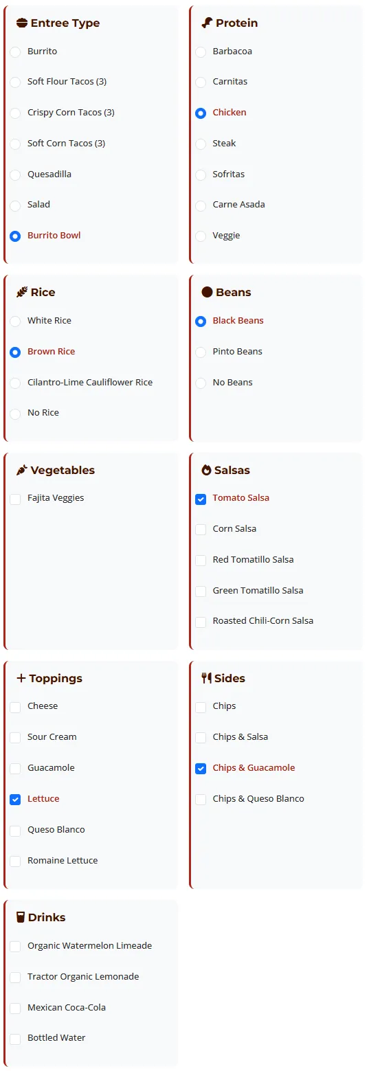 Ingredient selection menu in the Ultimate Chipotle Nutrition Calculator with options for entree type, protein (chicken selected), rice (brown), beans (black), salsas, toppings (lettuce), and sides (chips & guacamole).