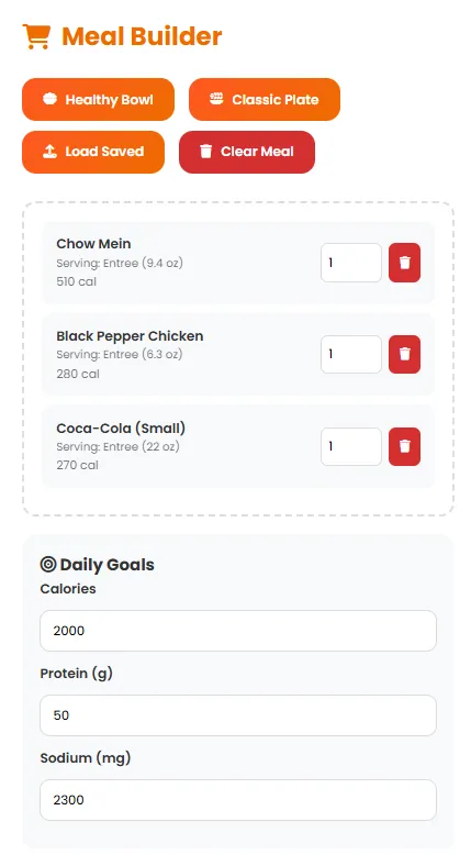Panda Express meal builder with Chow Mein (510 cal), Black Pepper Chicken (280 cal), and small Coca-Cola (270 cal) selected, displaying daily goals of 2000 calories, 50g protein, and 2300mg sodium