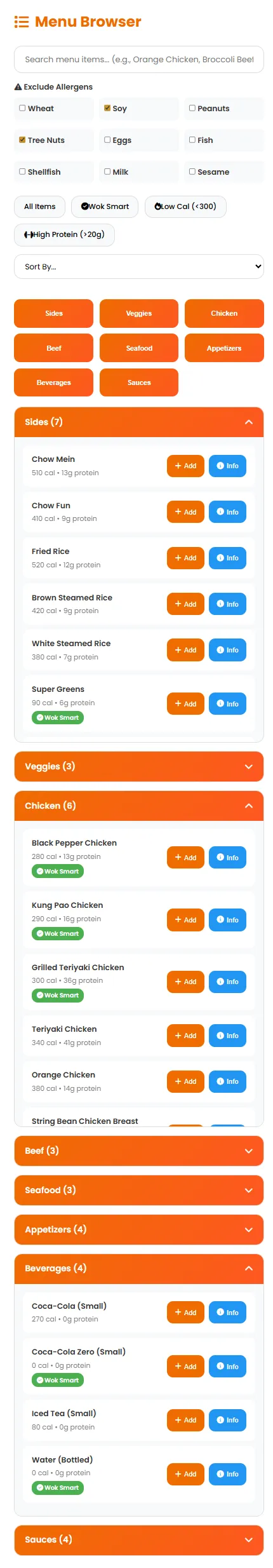 Panda Express menu browser with allergen filters (wheat & soy excluded), categories like Sides, Chicken, Beverages, and Wok Smart healthier options highlighted for easy meal planning