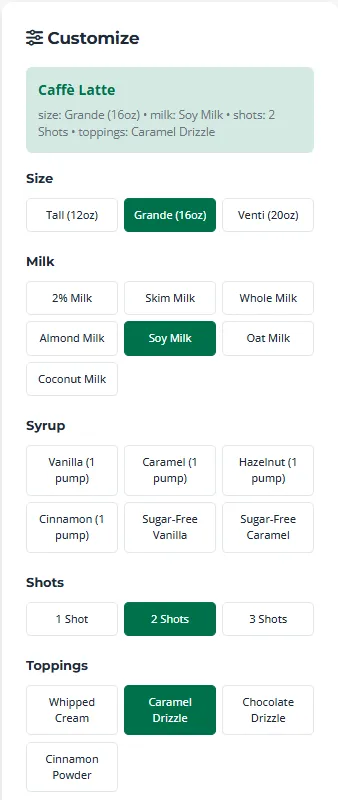Customization panel for Caffe Latte in the Starbucks Nutrition Calculator with Grande size, soy milk, 2 shots, and caramel drizzle selected, showing clear options for milk, syrup, shots, and toppings.