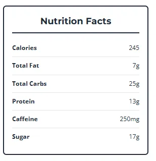 Nutrition facts panel in the Starbucks Nutrition Calculator showing a customized Grande Caffe Latte with 245 calories, 7g fat, 25g carbs, 13g protein, 250mg caffeine, and 17g sugar.