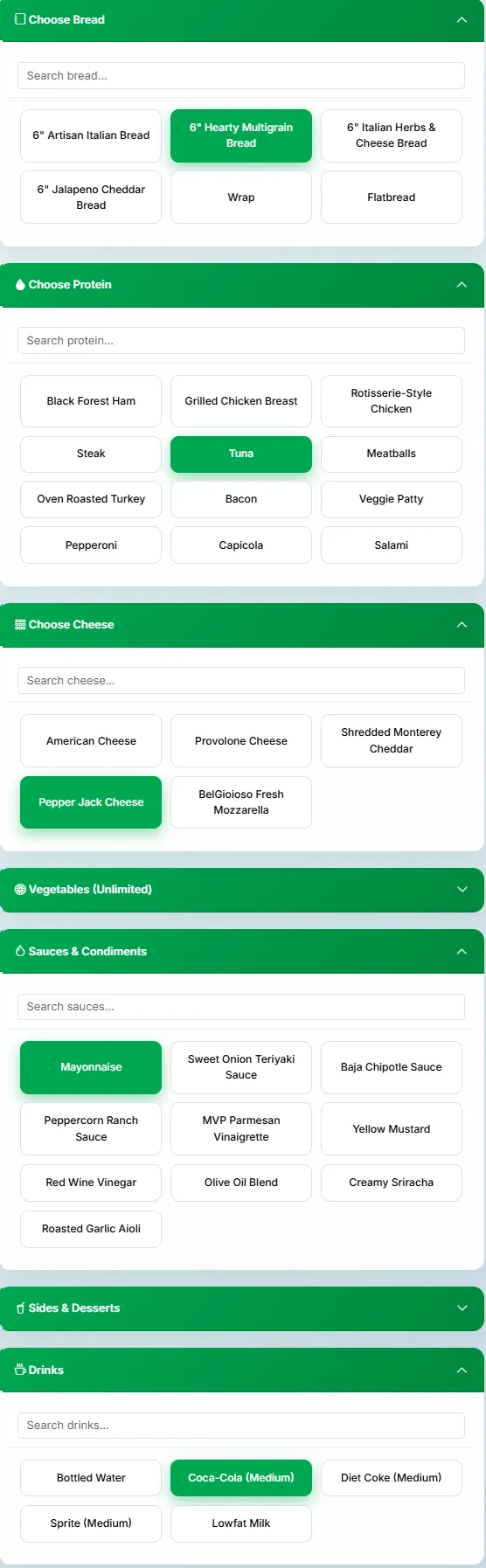 Close-up of Subway Nutrition Calculator ingredient panels with 6" Hearty Multigrain Bread, Tuna protein, Pepper Jack Cheese, Mayonnaise, and Coca-Cola (Medium) selected