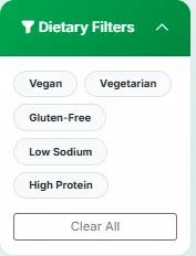 Subway Nutrition Calculator Pro dietary filters dropdown showing Vegan, Vegetarian, Gluten-Free, Low Sodium, and High Protein options with Clear All button