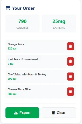 Wawa Nutrition Calculator order summary showing 790 total calories and 25mg caffeine with Orange Juice (220 cal), Unsweetened Iced Tea (0 cal), Chef Salad with Ham & Turkey (290 cal), and Cheese Pizza Slice (280 cal)