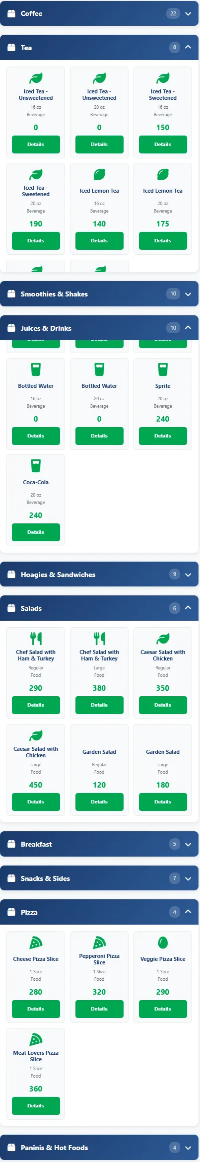Wawa Nutrition Calculator menu sections showing Tea (unsweetened 0 cal vs sweetened 150–190 cal), Juices & Drinks (water 0 cal, soda 240 cal), Salads (Chef 290–450 cal), and Pizza slices (Cheese 280 cal to Meat Lovers 360 cal)