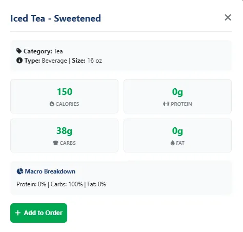 Wawa 16 oz Sweetened Iced Tea nutrition details: 150 calories, 0g protein, 38g carbs (100% sugar), 0g fat, macro breakdown showing 100% carbs and 0% protein/fat